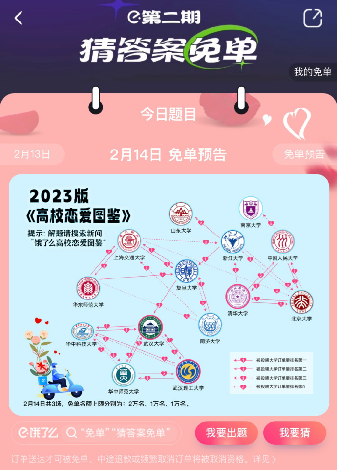 饿了么2.14情人节免单答案大全2023